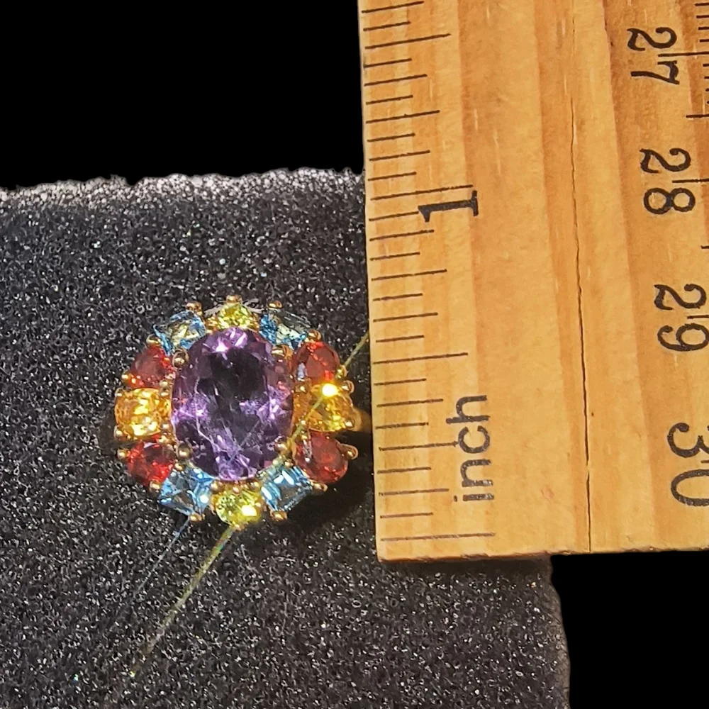 Multi Gemstone 18K Gold Over Sterling Silver Halo Ring